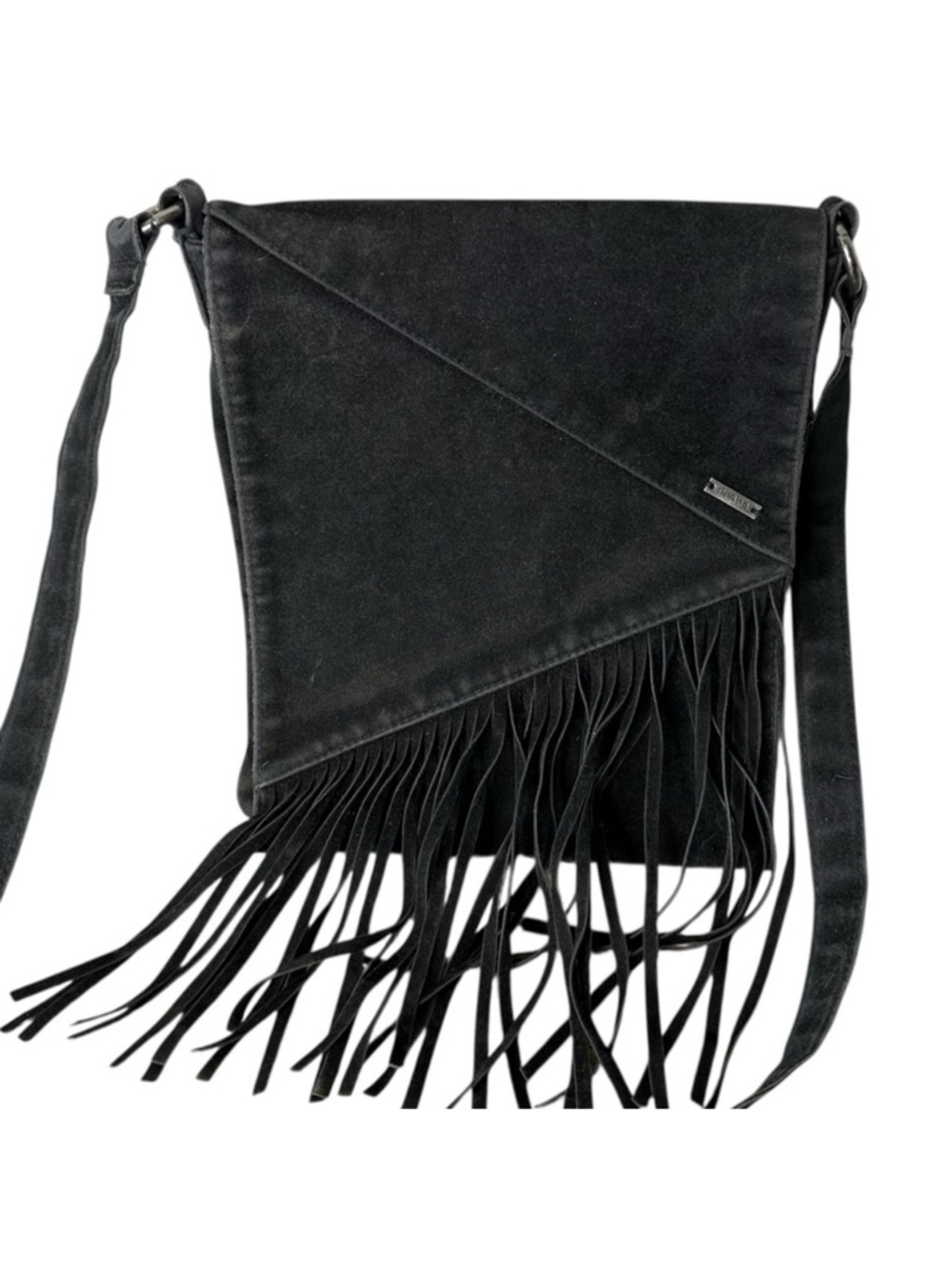 PRANA Black Suede Crossbody Bag Fringe Tassels Boho Western *FLAW